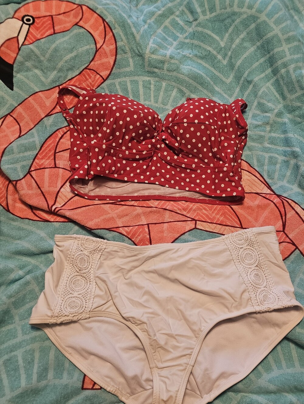 Lane Bryant Red Polka Dot Bustier Bikini Top with Cream High Waist Bottoms
